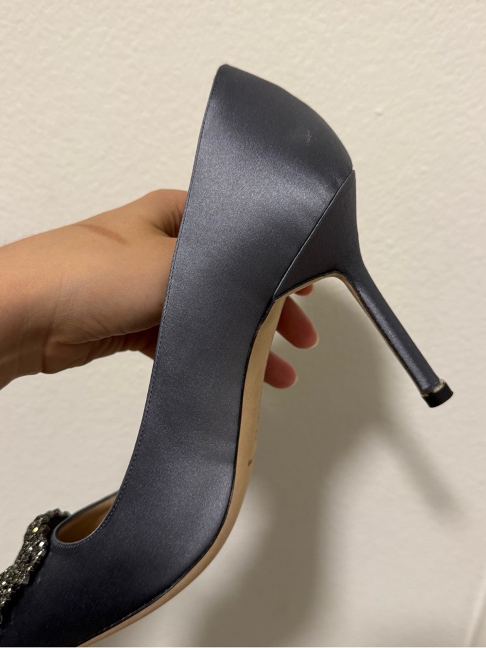 Manolo Blahnik Gray Satin Hangisi Jewel Buckle Heels - Picture 9 of 12